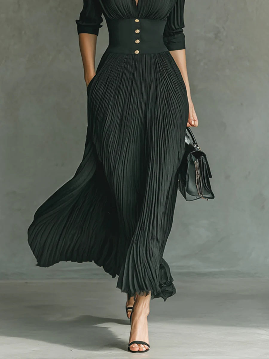 Laurence – Robe Longue Plissée à Revers et Taille Haute