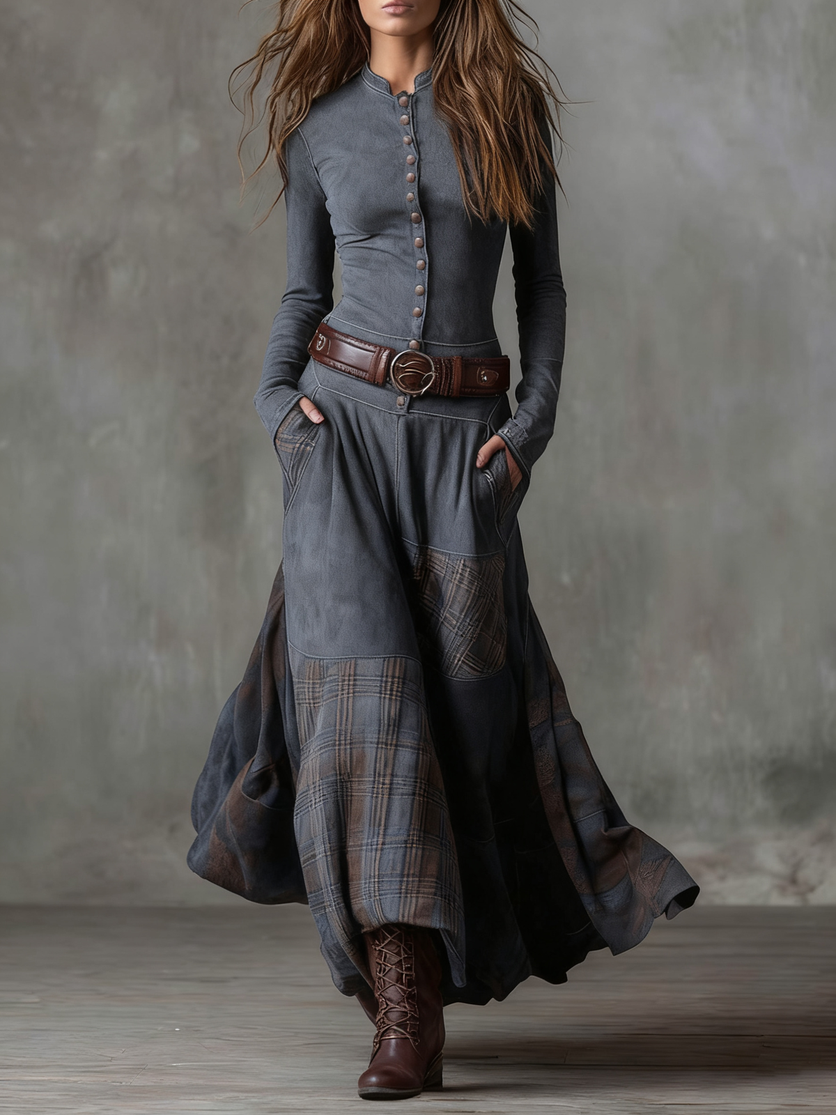 Dominique – Robe Maxi Effet Daim avec Ceinture
