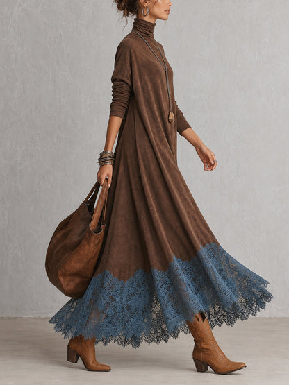 Colette – robe longue effet daim à ourlet en dentelle, photo 9