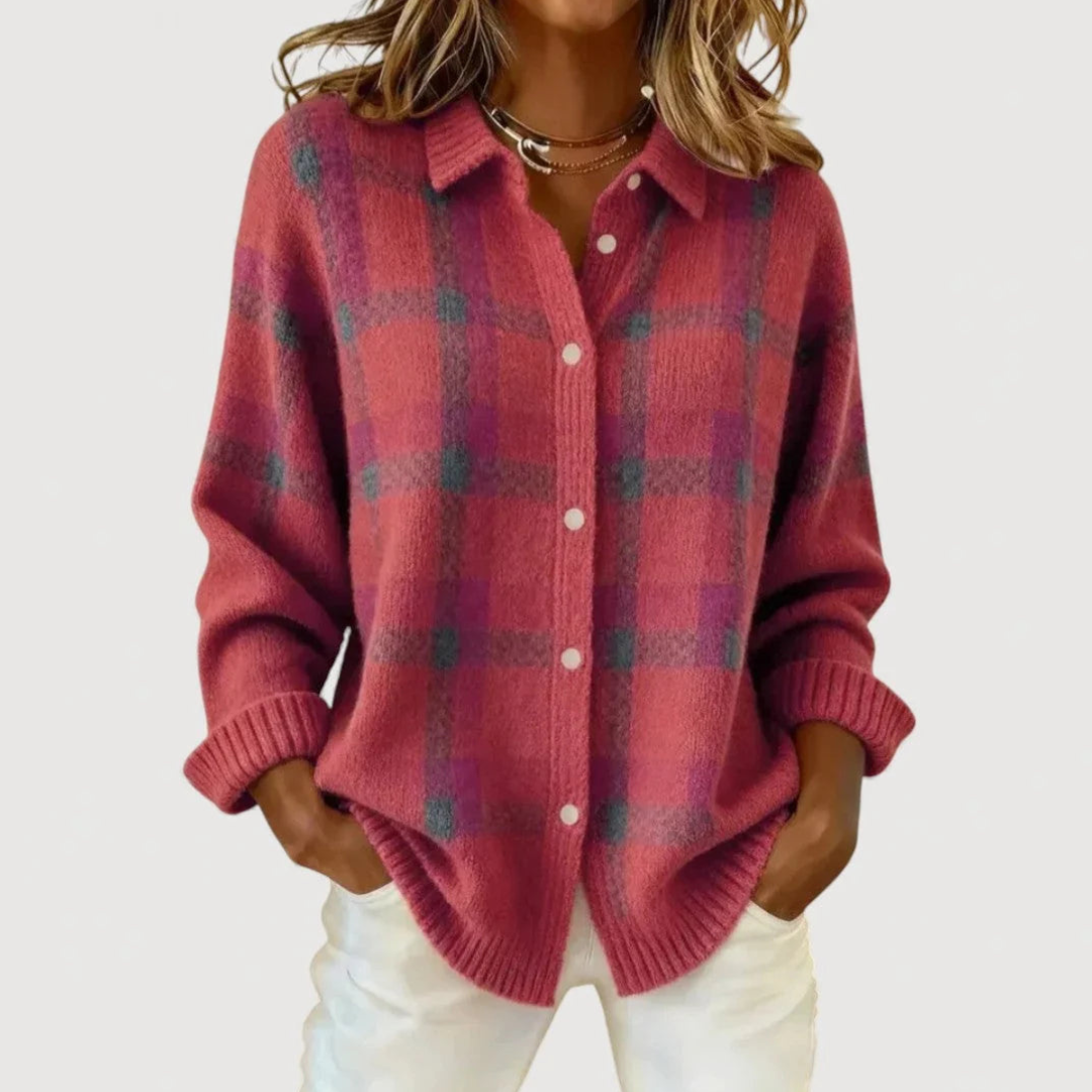 Nicole – Cardigan en Maille à Carreaux, rose