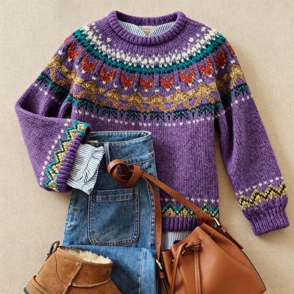 Élise – Pull Jacquard Violet Chaleureux, mode femme GabrielPetit