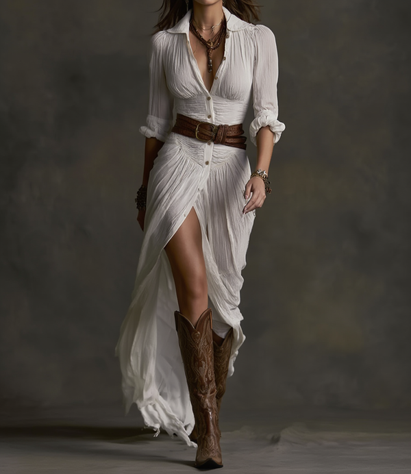 Corinne – Robe Longue en Lin à Col Inversé