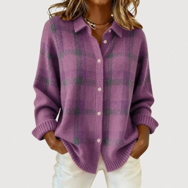Jacqueline – Cardigan en Maille à Carreaux, violet