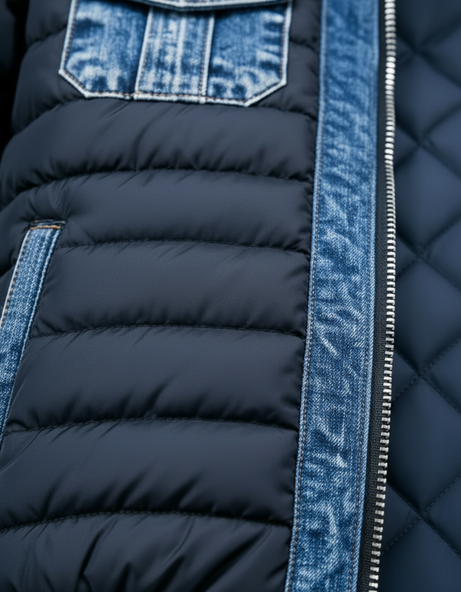 Manon, veste hybride en denim matelassé, détail du col montant et des poches poitrine