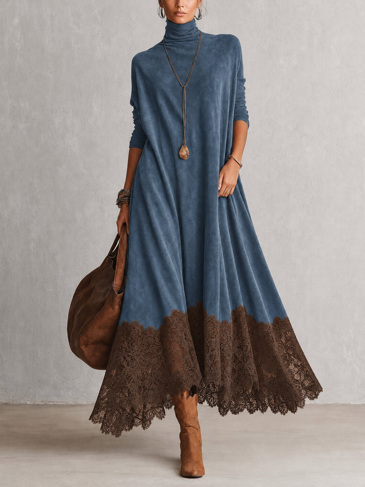 Colette – robe longue effet daim à ourlet en dentelle, photo 2