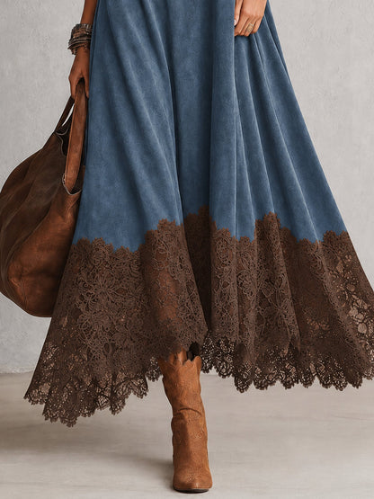 Colette | Robe Longue Effet Daim à Ourlet en Dentelle