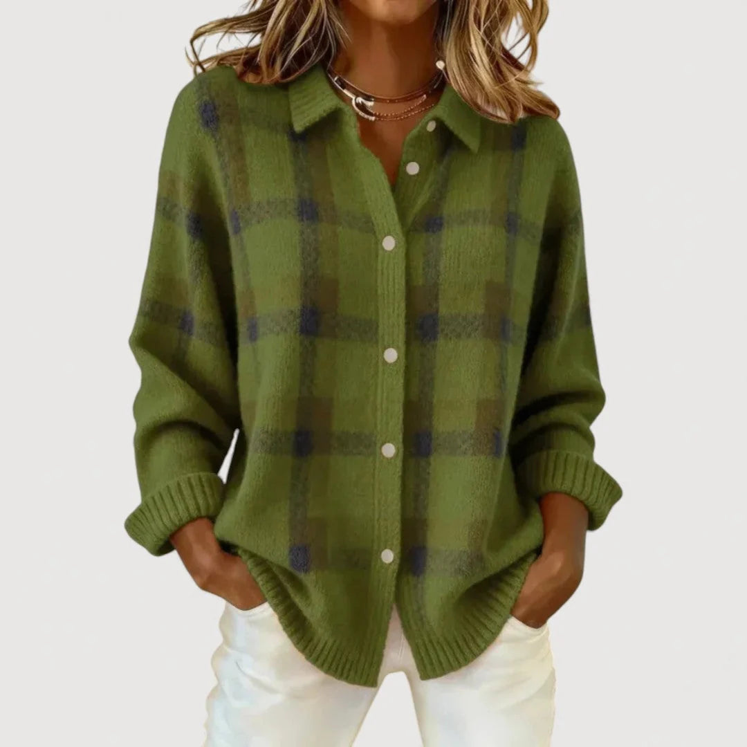 Josiane – Cardigan en Maille à Carreaux, vert foncé