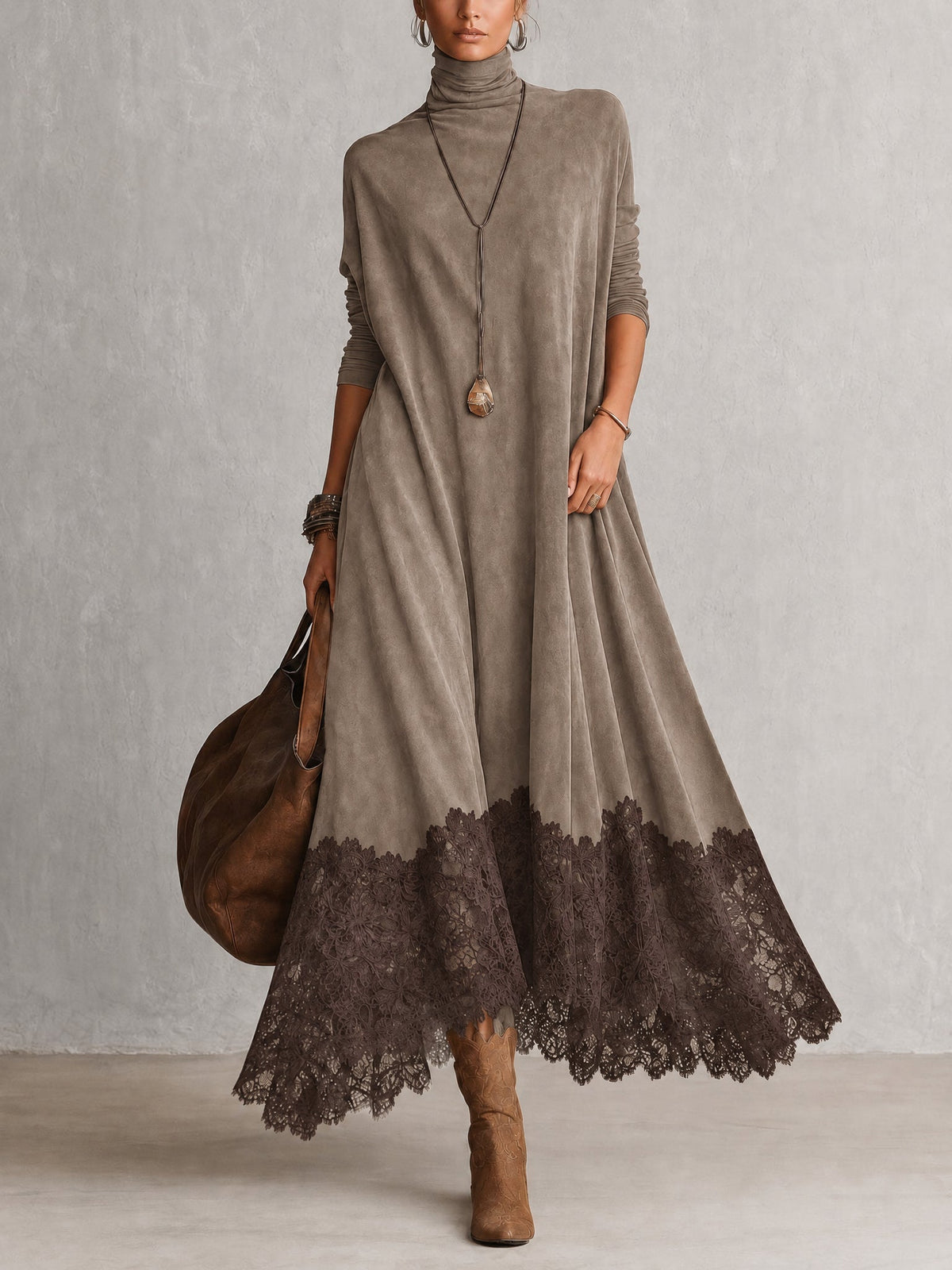 Colette – robe longue effet daim à ourlet en dentelle, photo 3
