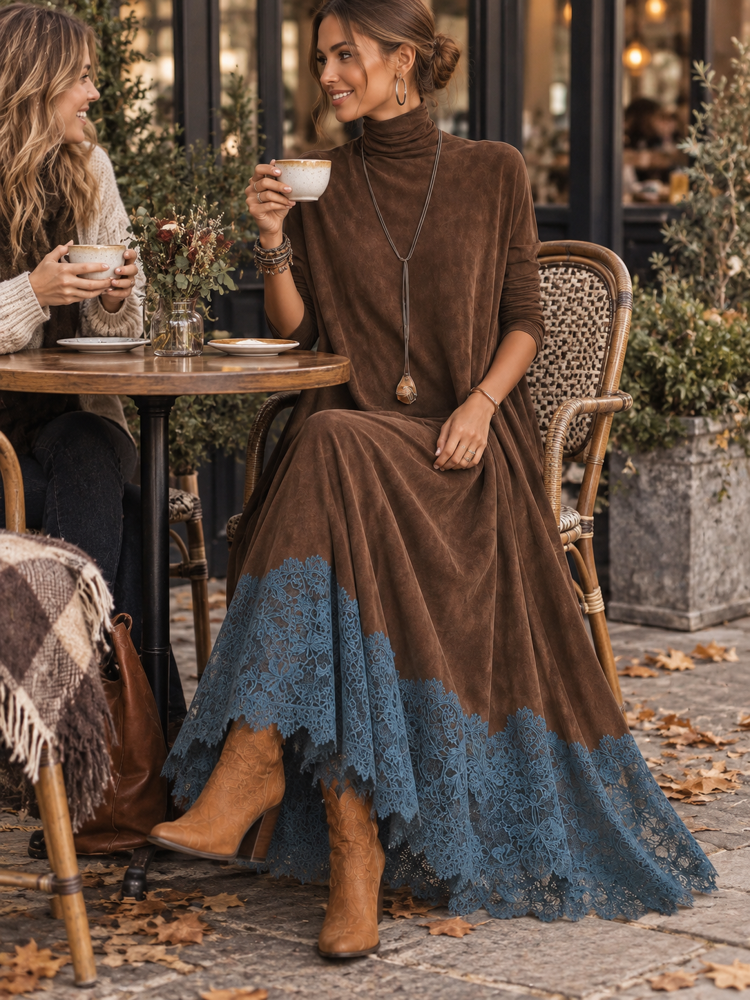 Colette – robe longue effet daim à ourlet en dentelle, photo 6