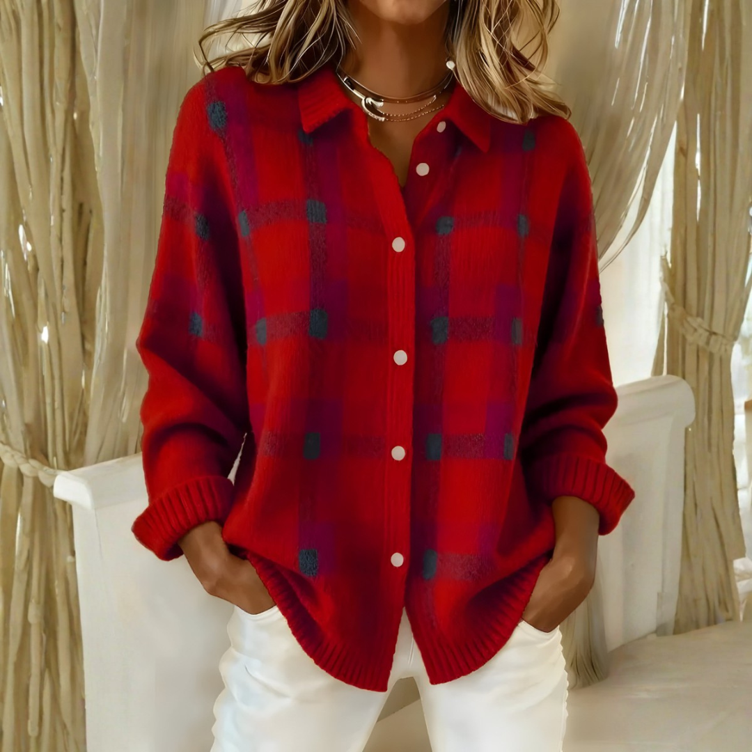 Ghislaine – Cardigan en Maille à Carreaux, rouge