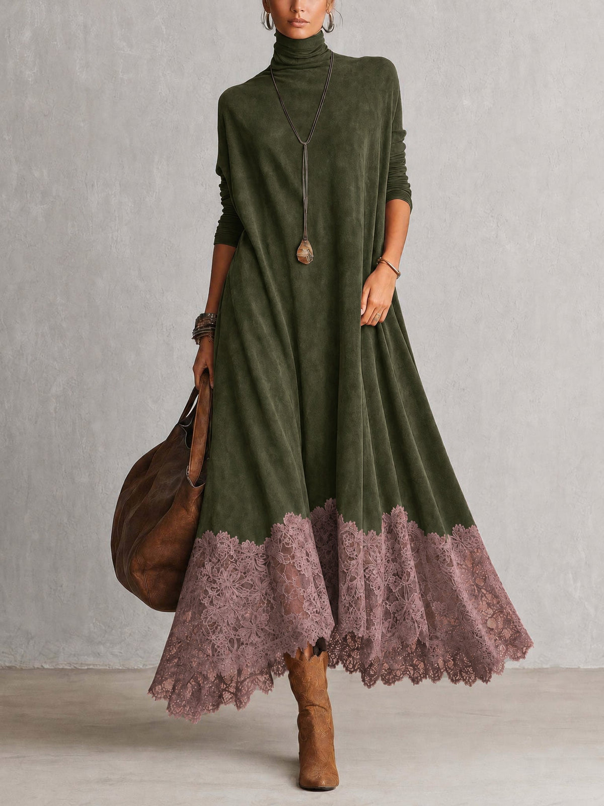Colette – robe longue effet daim à ourlet en dentelle, photo 4