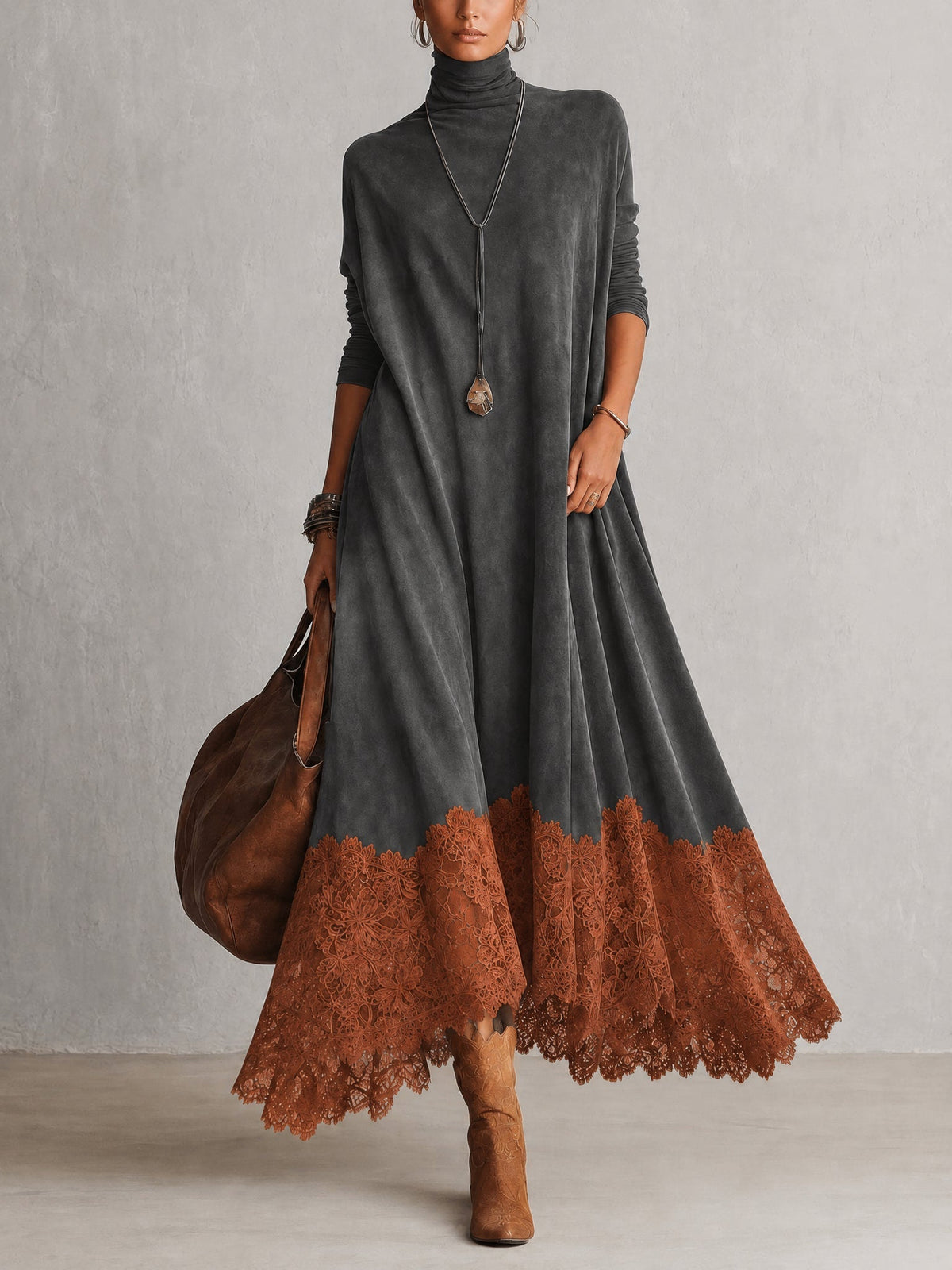 Colette – robe longue effet daim à ourlet en dentelle, photo 5