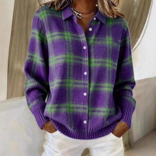 Monique – Cardigan en Maille à Carreaux, violet foncé