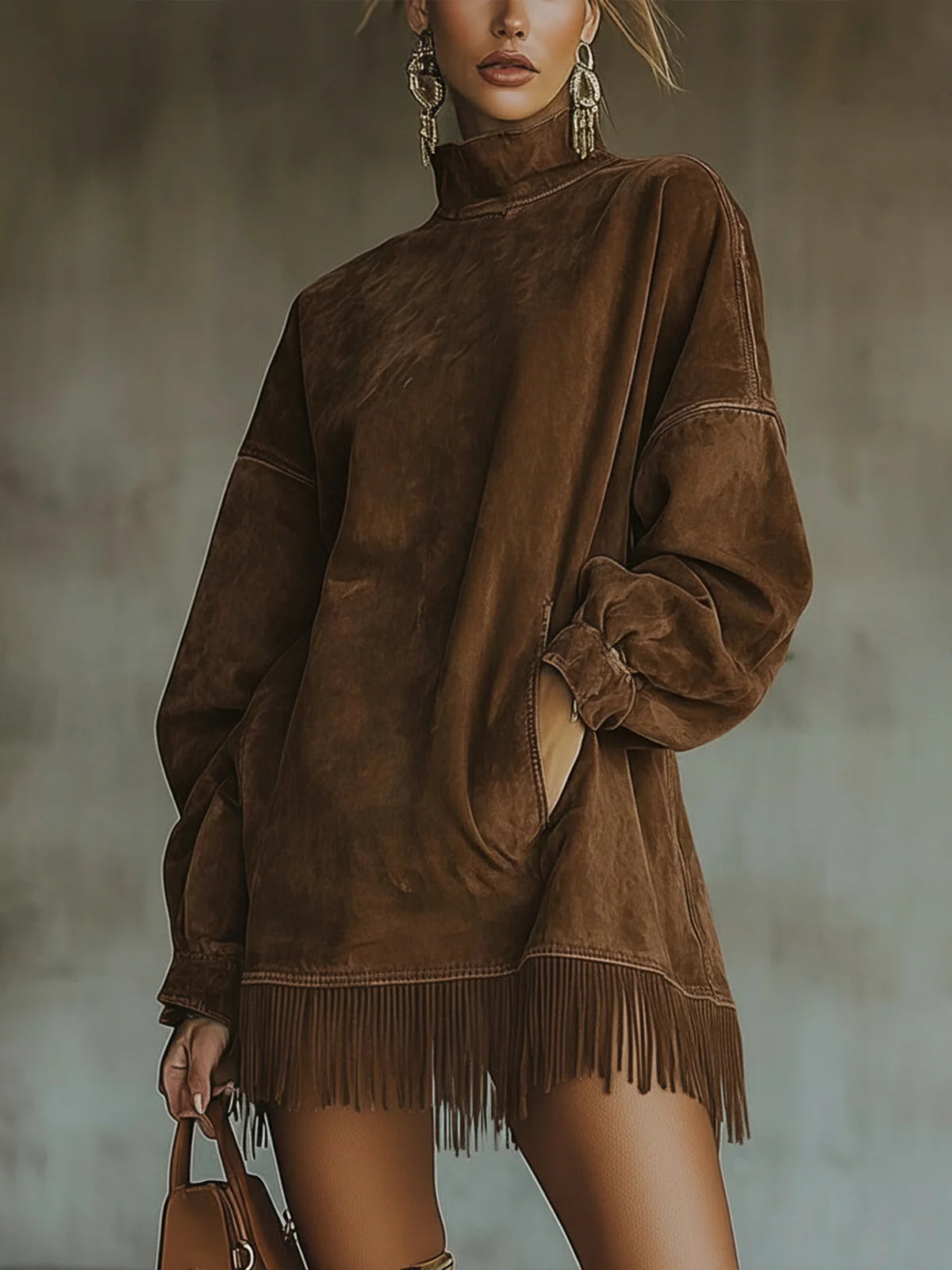 Chantal – Robe à Col Montant et Franges