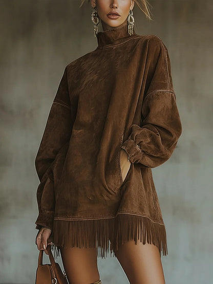 Chantal – Robe à Col Montant et Franges