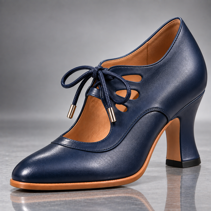 Audrey | Escarpin à lacets en cuir bleu marine, talon galbé et découpe ajourée