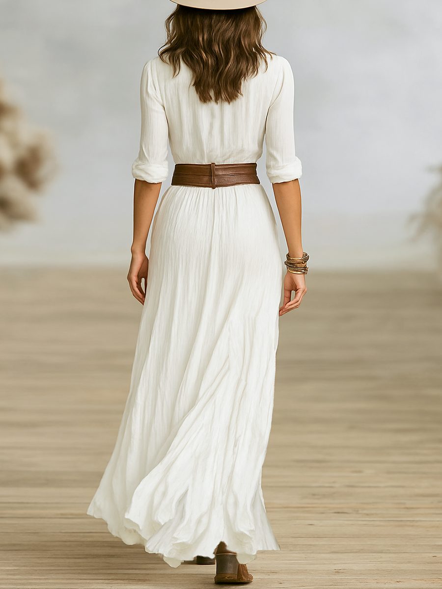 Corinne – Robe Longue en Lin à Col Inversé