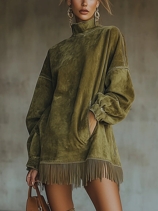 Chantal – Robe à Col Montant et Franges