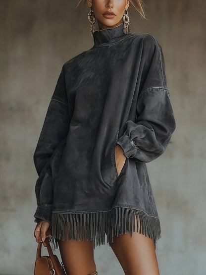 Chantal – Robe à Col Montant et Franges