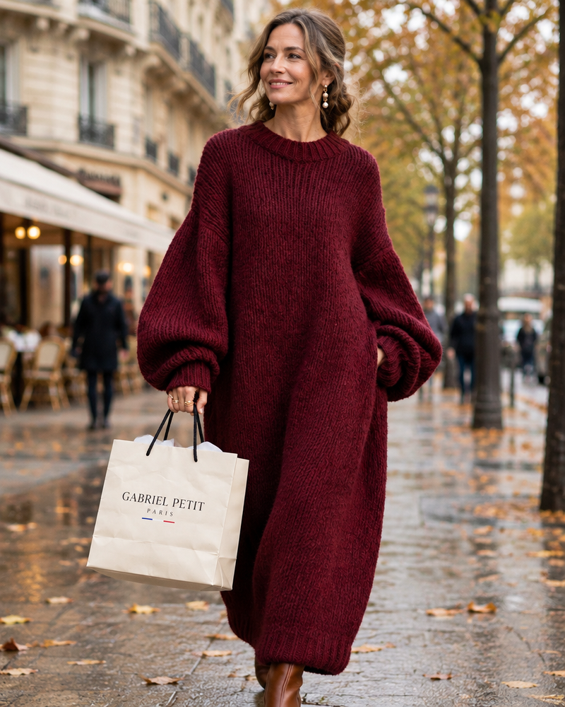 Femme d'une cinquantaine d'années portant la robe maxi Adèle en maille côtelée bordeaux, un sac GabrielPetit à la main