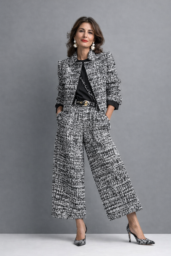 Solène | Ensemble veste courte et pantalon large en tweed noir et blanc – photo portée
