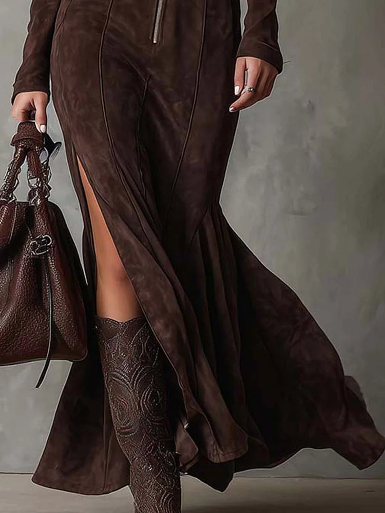 Évelyne – Robe Longue Marron avec Ceinture