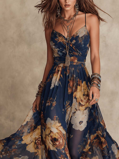 Adrienne | Robe Maxi en Chiffon Bleu Marine à Imprimé Floral et Fines Bretelles