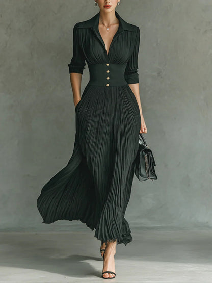 Laurence – Robe Longue Plissée à Revers et Taille Haute