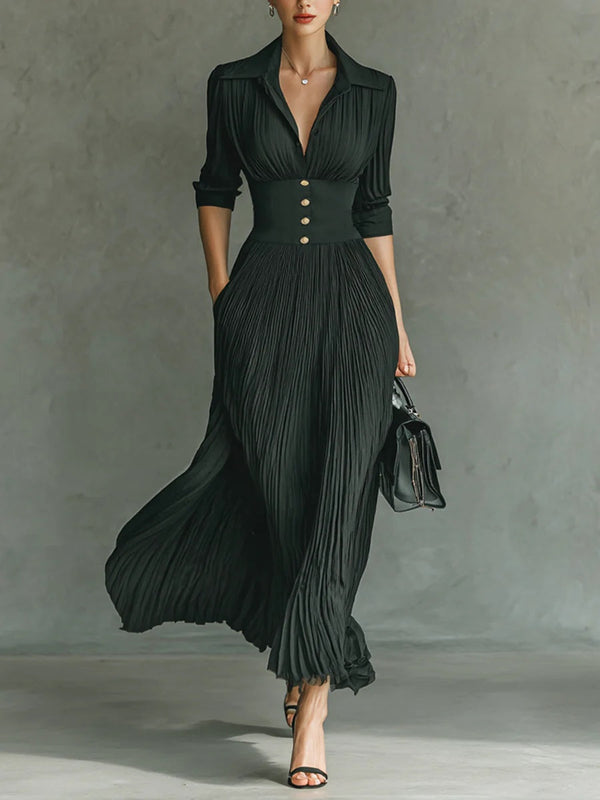 Laurence – Robe Longue Plissée à Revers et Taille Haute
