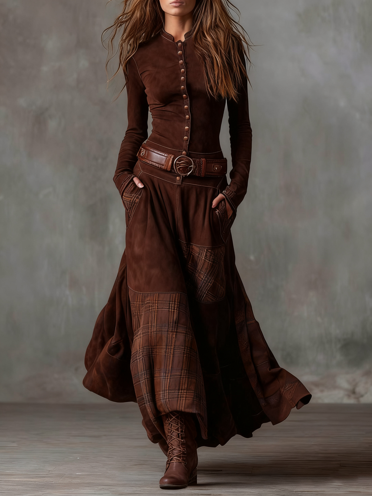 Dominique – Robe Maxi Effet Daim avec Ceinture