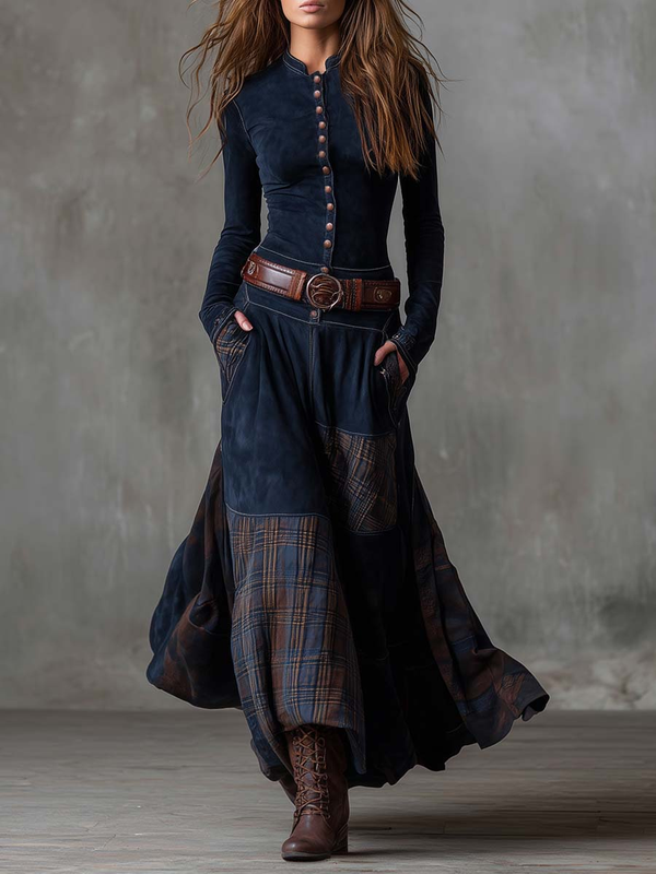 Dominique – Robe Maxi Effet Daim avec Ceinture
