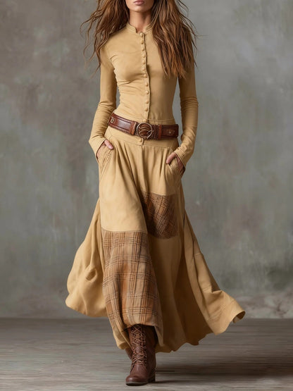 Dominique – Robe Maxi Effet Daim avec Ceinture