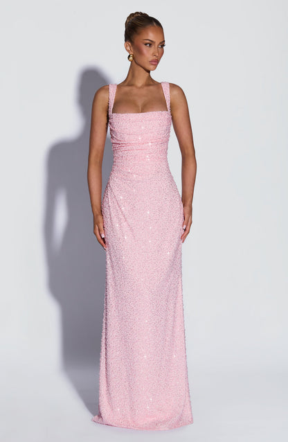 Robe longue Calanthe - Rose poudré pailleté