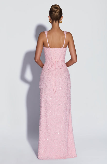 Robe longue Calanthe - Rose poudré pailleté