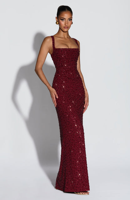 Robe longue Calanthe - Bordeaux pailleté