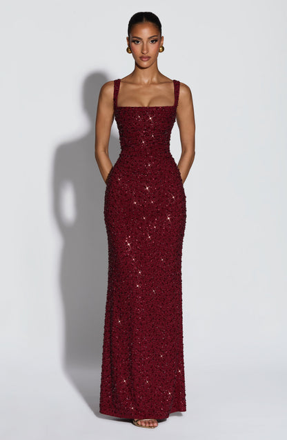 Robe longue Calanthe - Bordeaux pailleté
