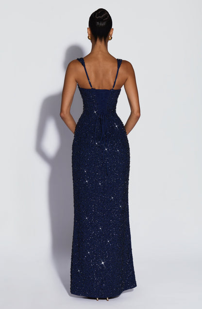Robe longue Calanthe - Bleu marine pailleté
