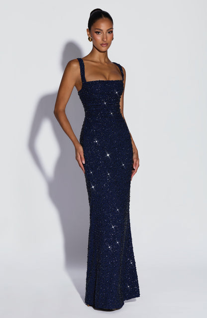 Robe longue Calanthe - Bleu marine pailleté
