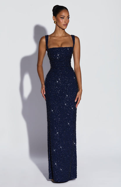 Robe longue Calanthe - Bleu marine pailleté