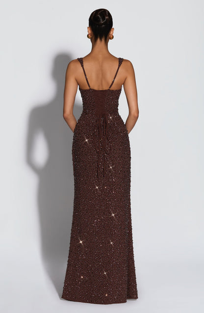 Robe longue Calanthe - Brun prune pailleté