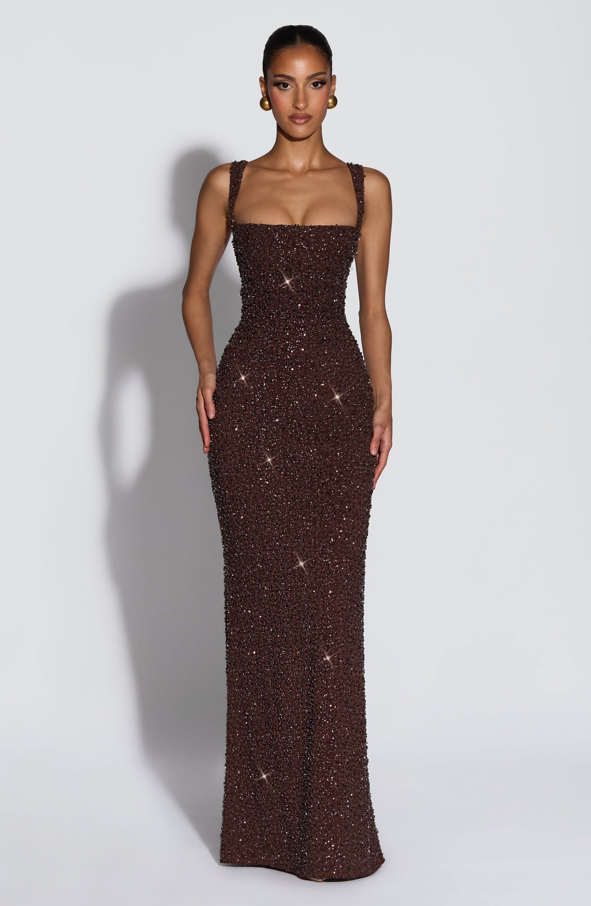 Robe longue Calanthe - Brun prune pailleté