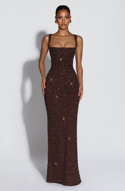Robe longue Calanthe - Brun prune pailleté