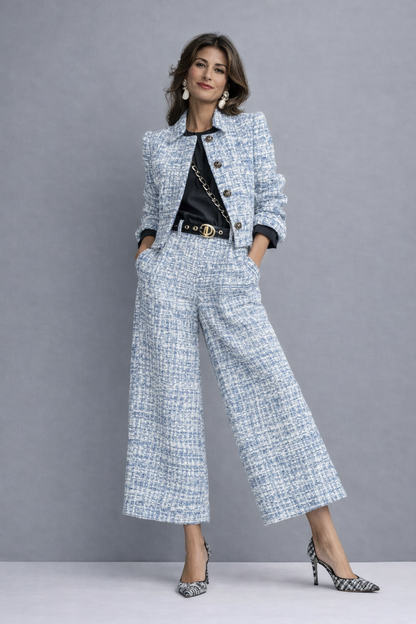 Solène | Ensemble veste courte et pantalon large en tweed bleu clair – photo portée