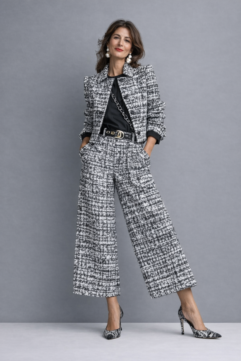 Solène | Ensemble veste courte et pantalon large en tweed gris et blanc – photo portée