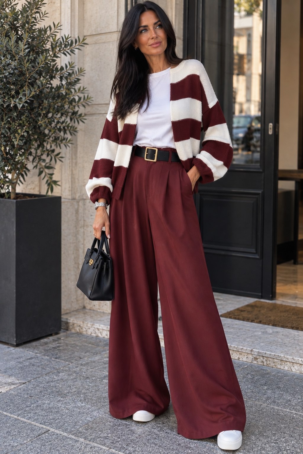Capucine | Cardigan en maille rayée bordeaux et blanc – photo portée