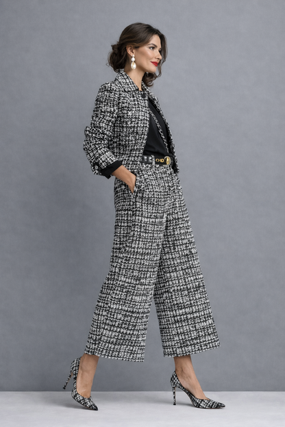 Solène | Ensemble veste courte et pantalon large en tweed – vue de profil