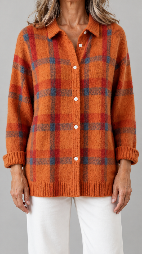 Régine | Cardigan en Maille à Carreaux orange – photo portée