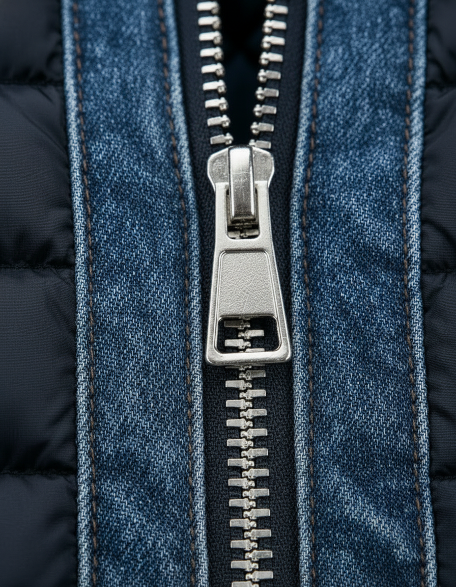 Manon, veste hybride en denim matelassé, fermeture éclair et bas côtelé