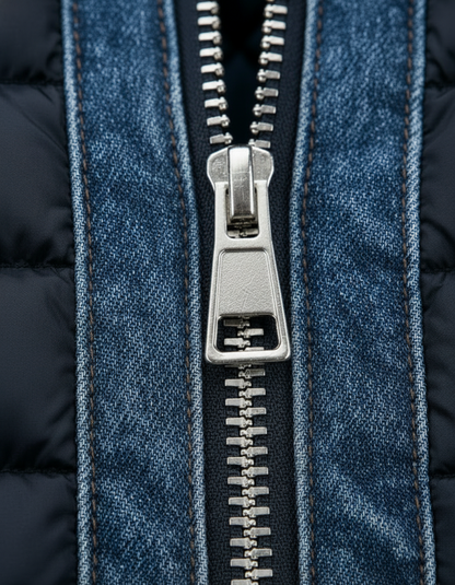 Manon, veste hybride en denim matelassé, fermeture éclair et bas côtelé